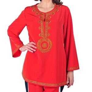 DIANE GILMAN GORGEOUS EMBELLISHED RED TUNIC-TOP, SZ. S